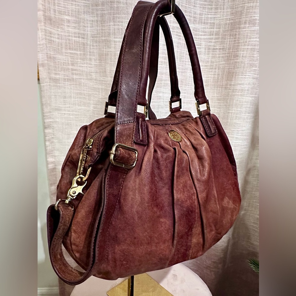 Tory Burch Verona Glazed Distressed Brown Leather Bag Satchel W/Shoulder…